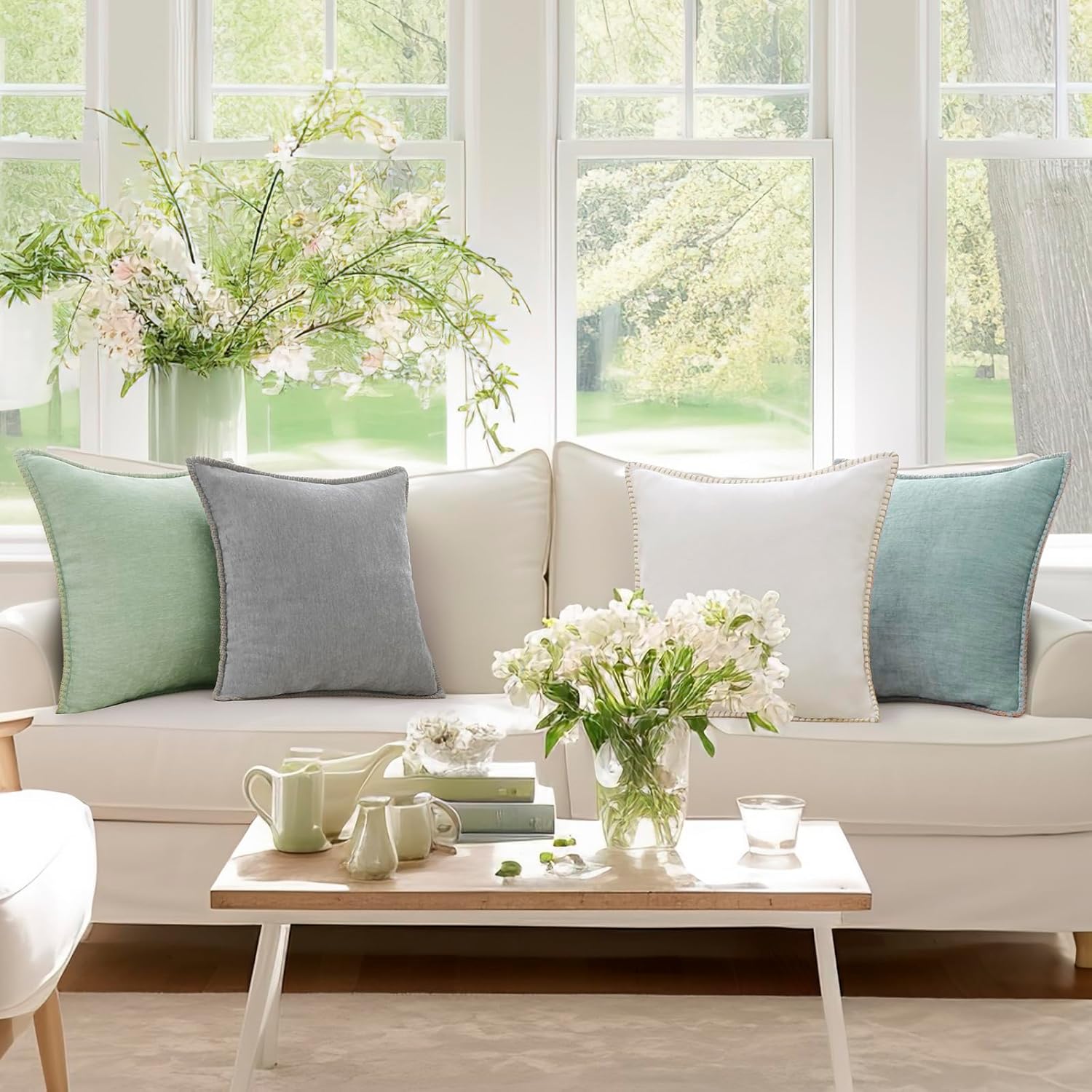 decorUhome Spring Chenille Soft Cozy Throw Pillow Covers 18x18 Set of 2, Modern Farmhouse Boho Velvet Decorative Pillow Cases with Stitched Edge for Couch Sofa Bed Home Decor, Aqua Haze - Image 6