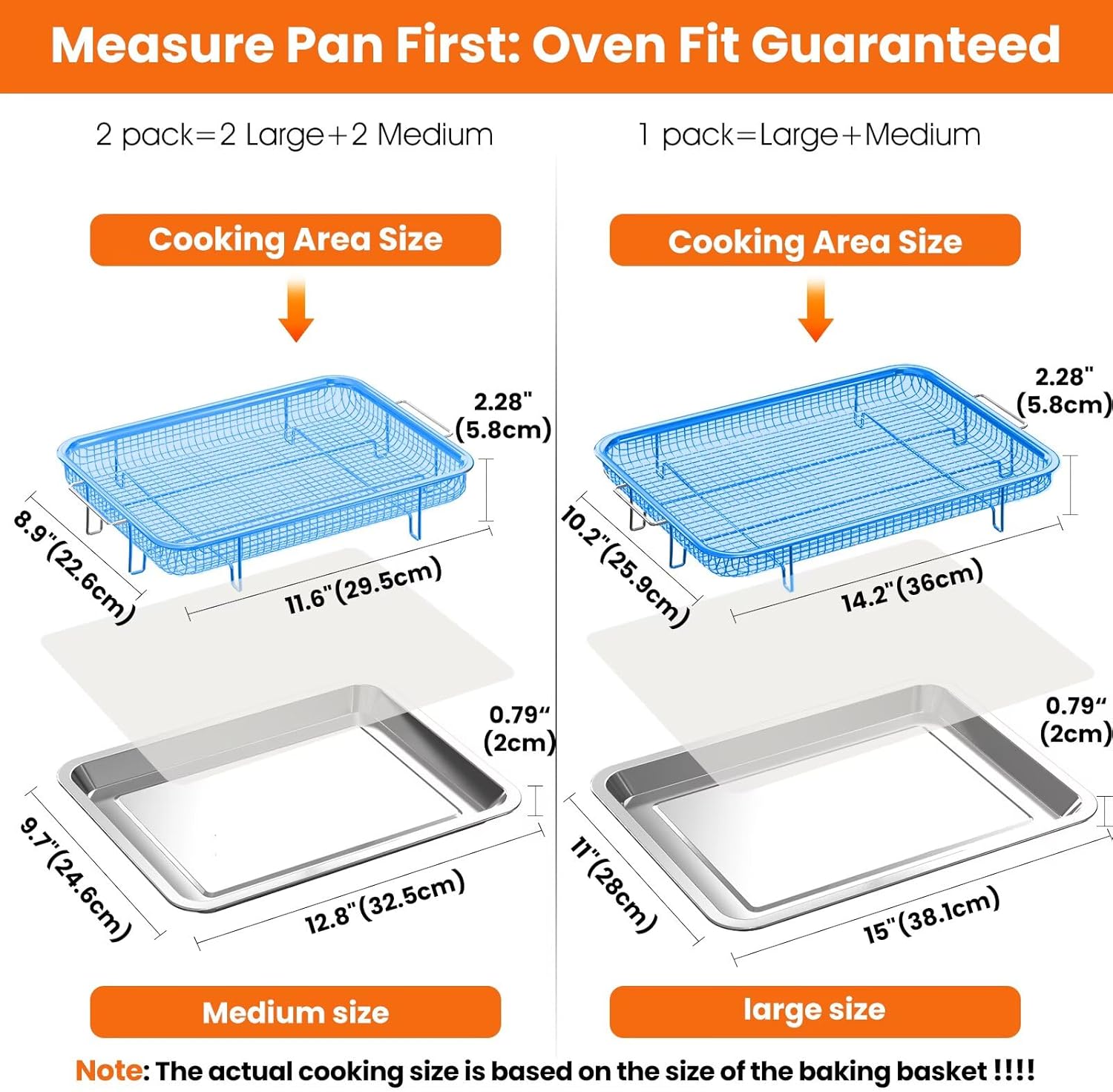 Air Fryer Basket for Oven, 2 Set Stainless Steel Pan & Crisper Tray (15"x11" &12.8"x9.7") with 60 Parchment Papers, Family-Size Non-Stick Oven Basket for Baking Chicken, Fries, Dishwasher Safe - Image 3