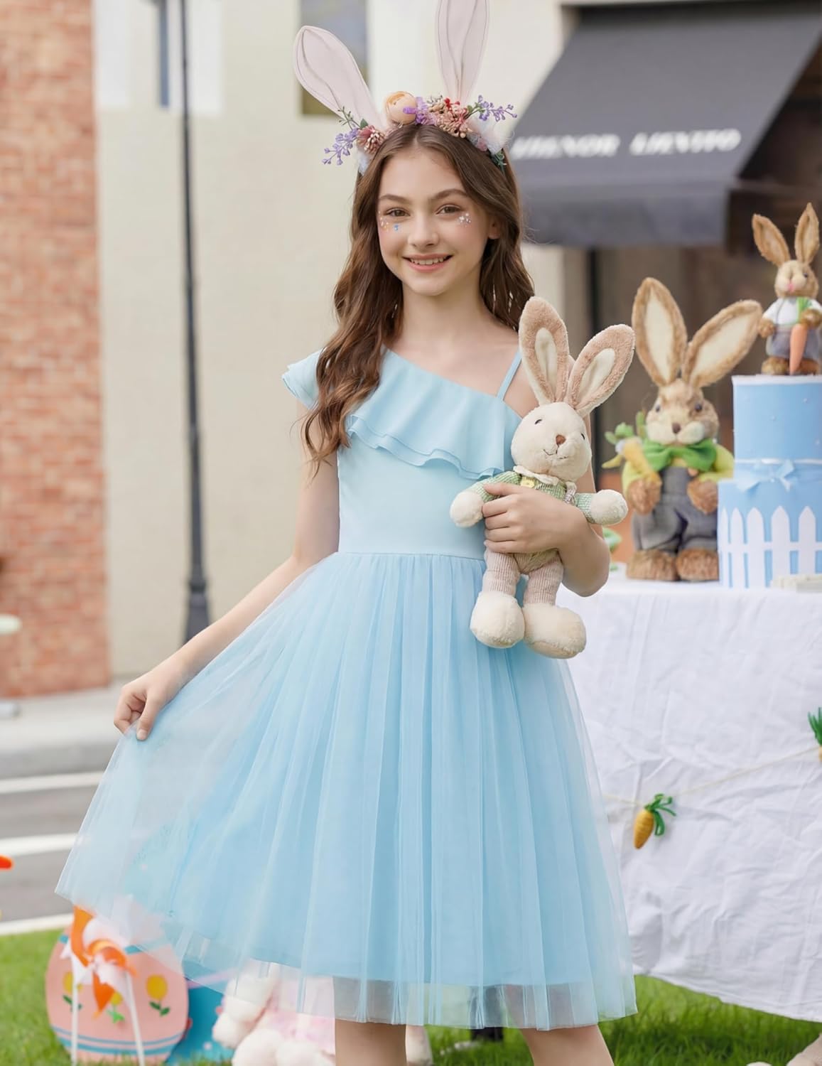 Arshiner Girls Dresses Ruffle Trim Off Shoulder Formal Wedding Party Fancy Summer Tulle Dress for 6-14 Years - Image 3