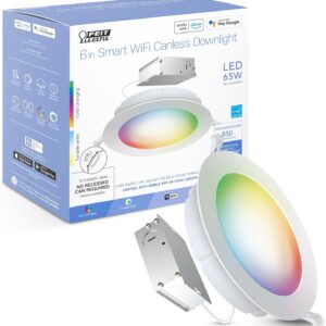 Feit Electric 6″ Smart LED Canless Recessed Downlight, 65W EQ, Dimmable, Wifi Enabled, Compatible with Alexa and Google Home Asst, Color Changing, 90 CRI, 850 Lumens