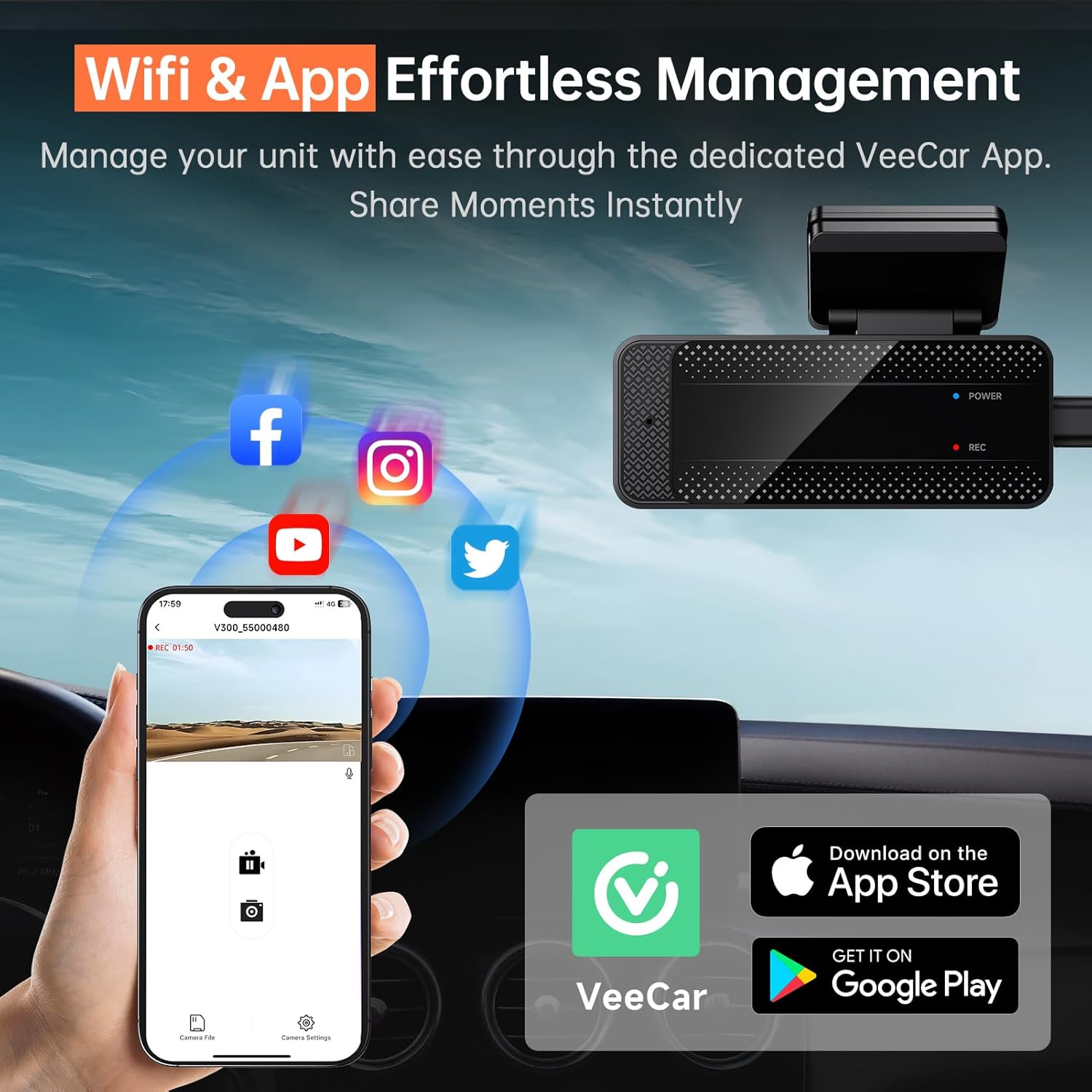 Dash Cam 1296P Front Dashcam, V300 WiFi Dash Camera for Cars with App, Night Vision, Mini Hidden Single Car Camera, Loop Recording, 24H Parking Mode, Support 256GB Max, Black - Image 4