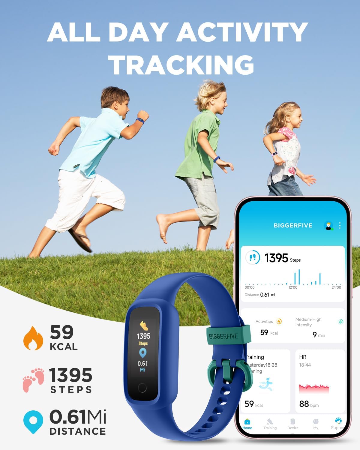BIGGERFIVE Vigor 2 L Kids Fitness Tracker Watch for Boys Girls Ages 5-15, Activity Tracker, Heart Rate Sleep Monitor, IP68 Waterproof, Pedometer, Calorie Step Counter Watch, Blue - Image 2