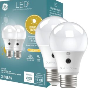 GE LED+ A19 Dusk to Dawn LED Light Bulbs, Automatic On/Off Outdoor Security Light, Soft White (2 Pack)