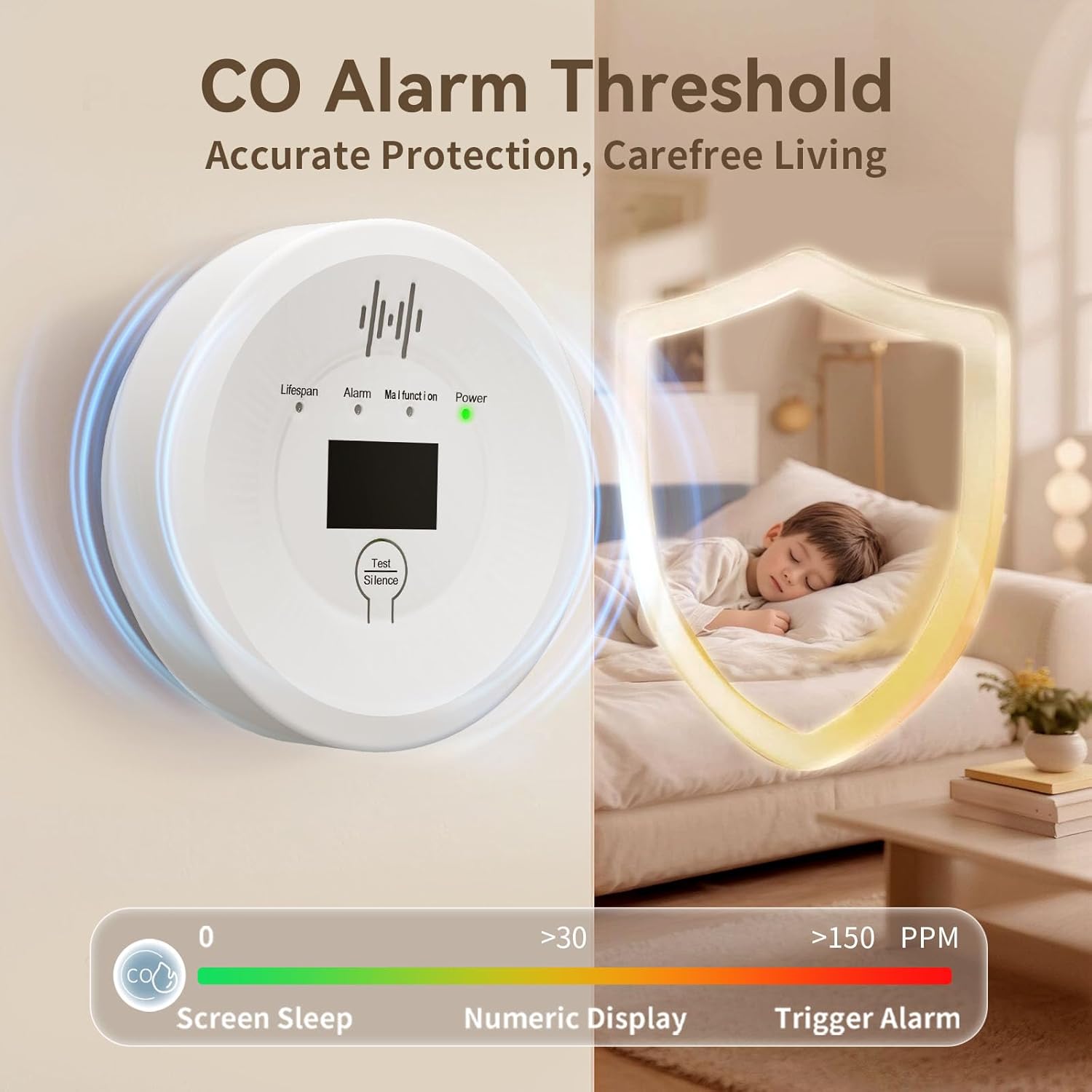 CarCarbon Monoxide Detectors 90dB Alarm, CO Detector Battery Powered(Not Include), 10-Year Lifespan Carbon Monoxide Alarm with LCD Display for Travel, Home, Kitchen, JA-997, 4 Packs - Image 3
