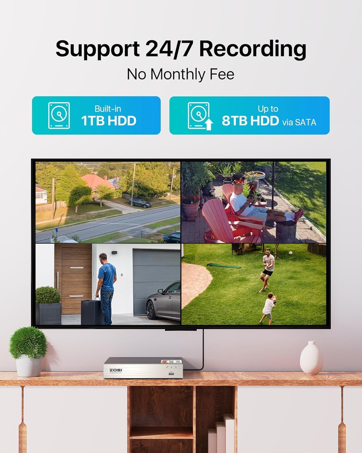 ZOSI 1080p Home Security Cameras System with AI Human/Vehicle Detection,H.265+ 8CH CCTV DVR and 4pcs 2.0MP 1920TVL Surveillance Cameras Indoor Outdoor,80ft Night Vision,Remote Access(No HDD) - Image 4