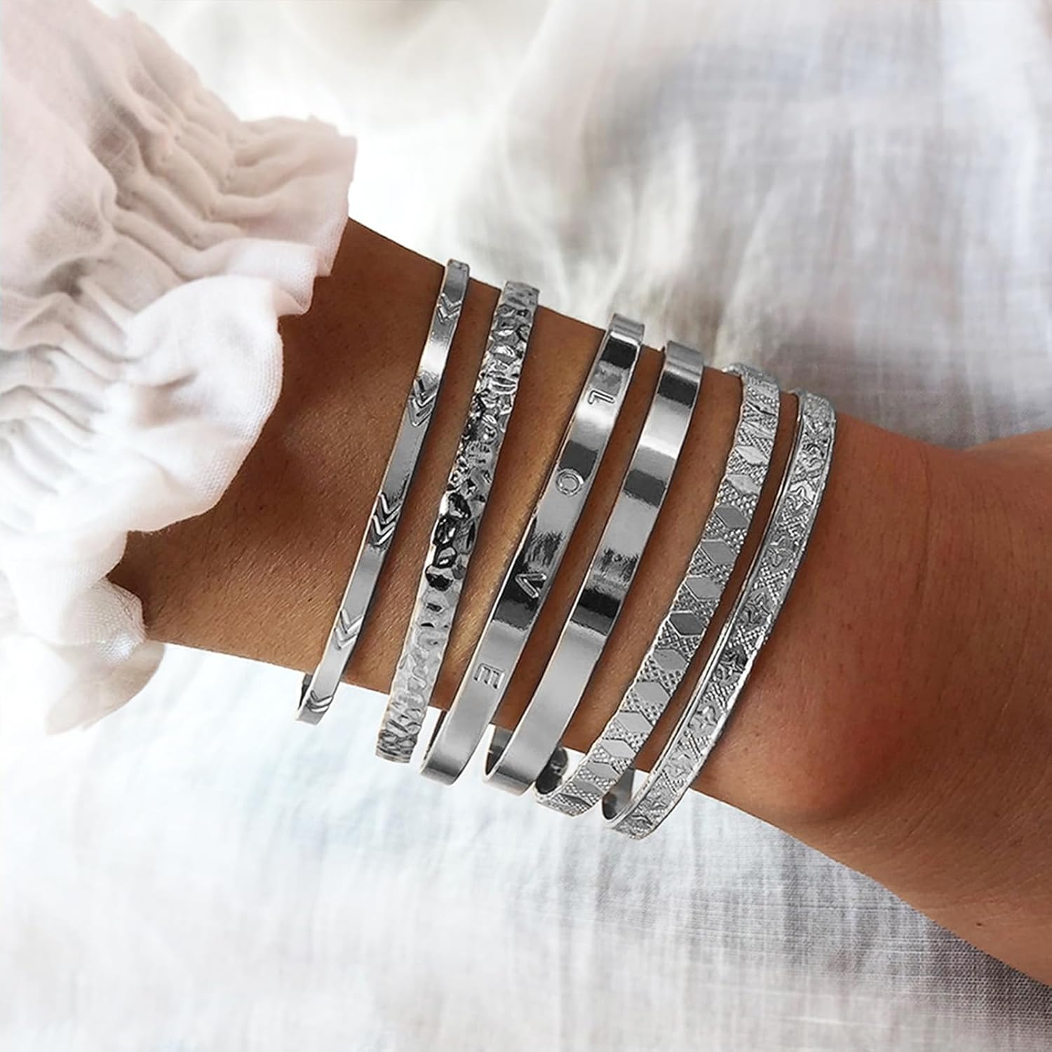 IFKM Gold Bangle Bracelets For Women, 14k Gold Plated Multi Layer Stackable Cuff Bracelet Set, Trendy Elegance Charms Non Tarnish Minimalist Textured Boho Jewelry Gift for Women - Image 3