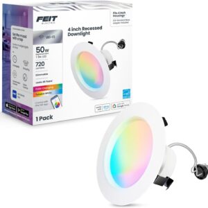 Feit Electric 4 Inch Smart Recessed Light, Color Changing and Tunable White, 2.4GHz WiFi Retrofit LED Downlight E26 Base, No Hub, Works with Alexa and Google, Dimmable 50W Equi, CRI90, LEDR4/RGBW/AG