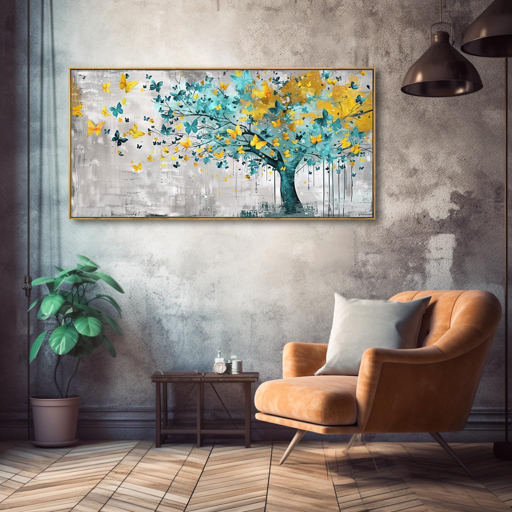 Wall Art Tree of Life Wall Decor Abstract Graffiti Teal Blue and Yellow Butterflies Canvas Painting for Bedroom Living Room Dining Room Home Office Decor 20"x40" with Framed - Image 2