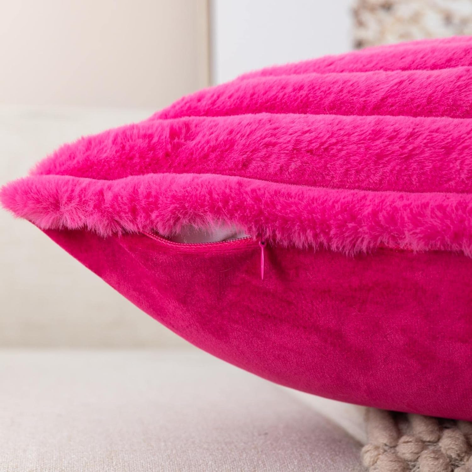 ZLINA Set of 2 Hot Pink Faux Fur Decorative Throw Pillow Covers Fluffy Striped Pillowcase Cushion Covers 18 x 18 Inch Decor Sofa Couch Bedroom - Image 4