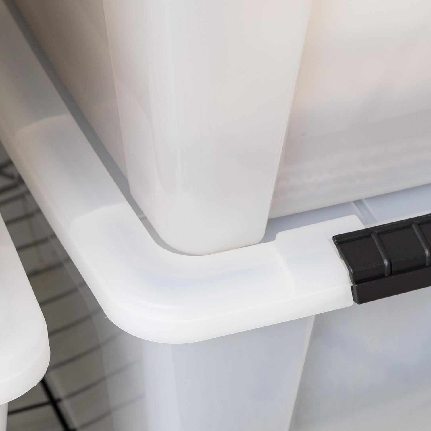 IRIS USA 33 Qt Stackable Plastic Storage Bins with Lids, 8 Pack - BPA-Free, Made in USA - Discreet Organizing Solution, Latches, Durable Nestable Containers, Secure Pull Handle - Pearl - Image 3