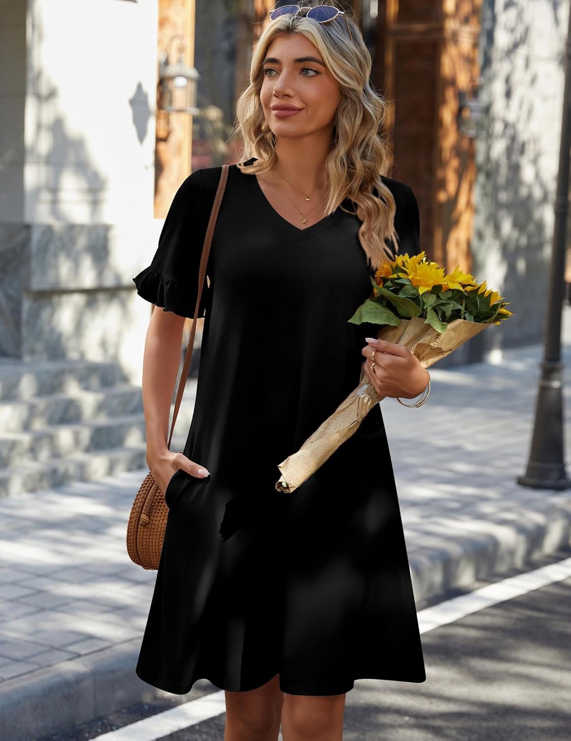 Zeagoo Summer Casual Dresses for Women A Line Sun Dress Ruffle Short Sleeve V Neck Floral Tshirt Dress with Pockets - Image 4