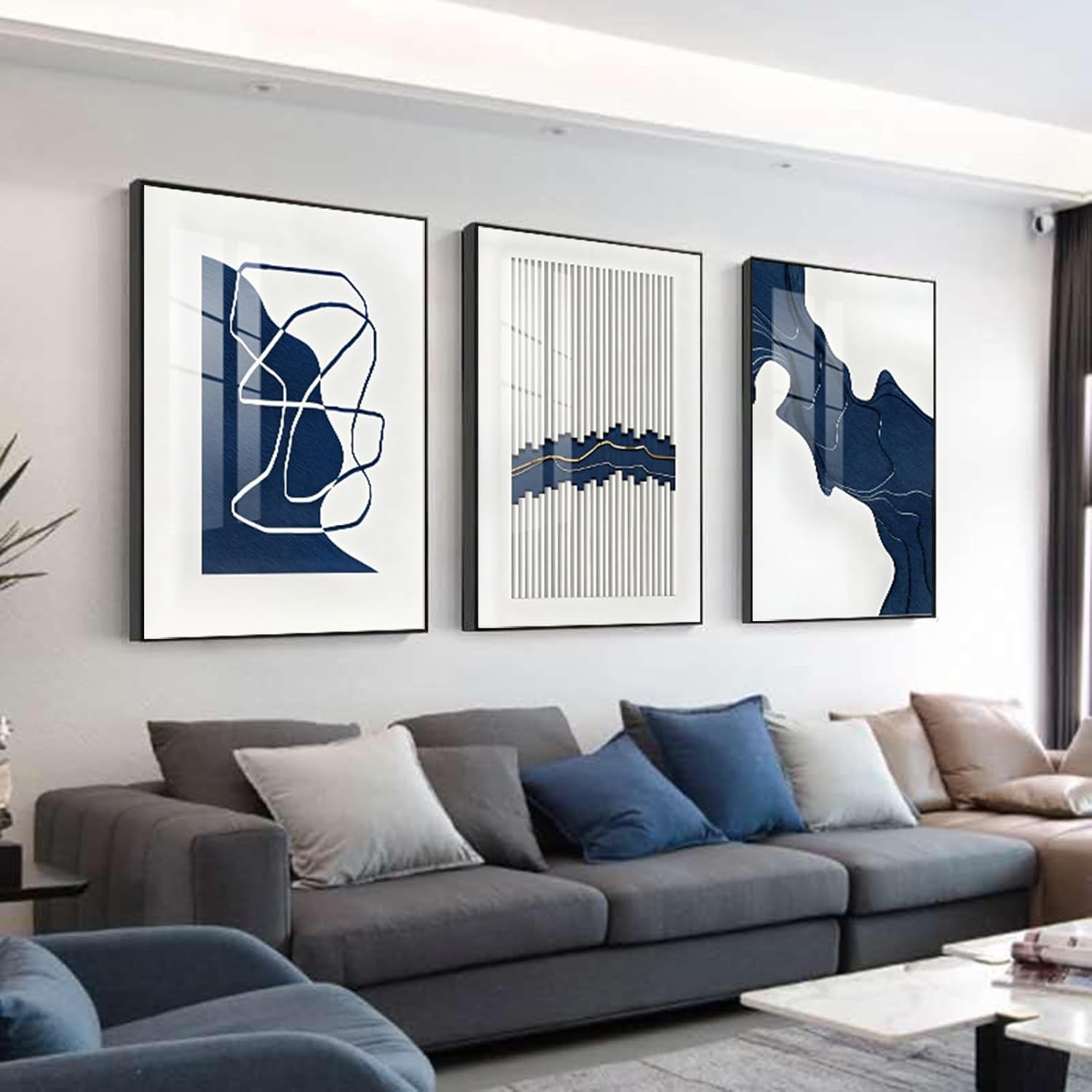 ARTFEB Navy Blue Wall Art, Abstract Blue and White Painting Wall Art for Living Room Decor,Black Framed Wall Decor for Bedroom Bathroom Home Office, 24x32 inch,3 Piece - Image 3