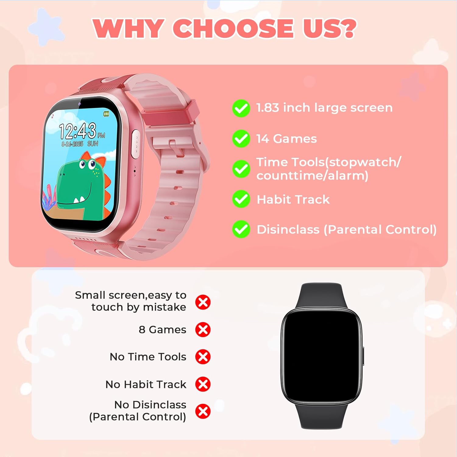 Smart Watch for Kids, No App, 14 Games, 1.83'' Touchscreen, Bedtime Stories, Alarm Clock, Camera, Music Player, Pedometer, Video & Audio Recording, Toys for Boys Aged 3-12, Gift for Teenagers, Red - Image 3