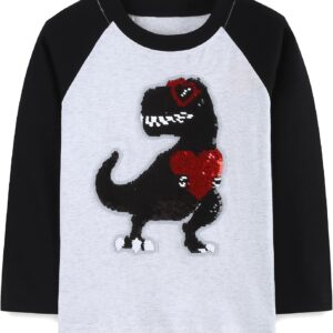 Valentine’s Dinosaur Shirt for Toddler Boy Monster Truck Heart Flip Sequin T-Shirt Tractor Long Sleeve Kids VDAY Tops