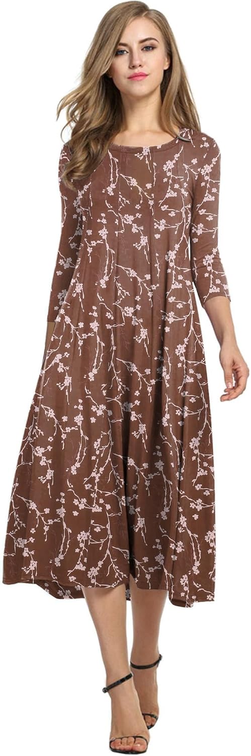 HOTOUCH Women's 3/4 Sleeve A-line and Flare Midi Long Dress