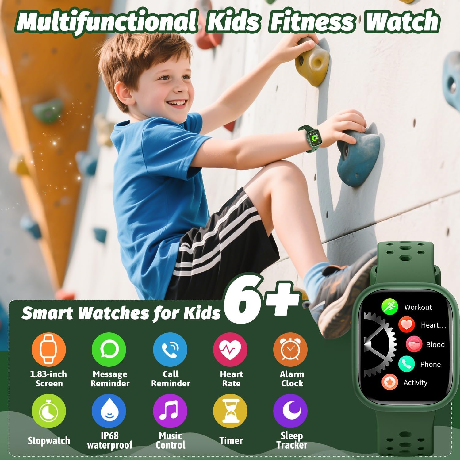 Kids Smart Watch for Girls Boys,IP68 Waterproof Kids Fitness Tracker Watch with 1.83" Face,Heart Rate Sleep Monitor,19 Sport Modes,Puzzle Games with APP,Great Gifts for Teens 6+ (Green) - Image 3