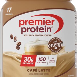 Premier Protein Powder, Café Latte, 30g Protein, No Added Sugar, 100% Whey Protein, Keto Friendly, Soy & Gluten Free, 95mg Caffeine for Energy, 23.9 oz, 17 Servings (Packaging May Vary)