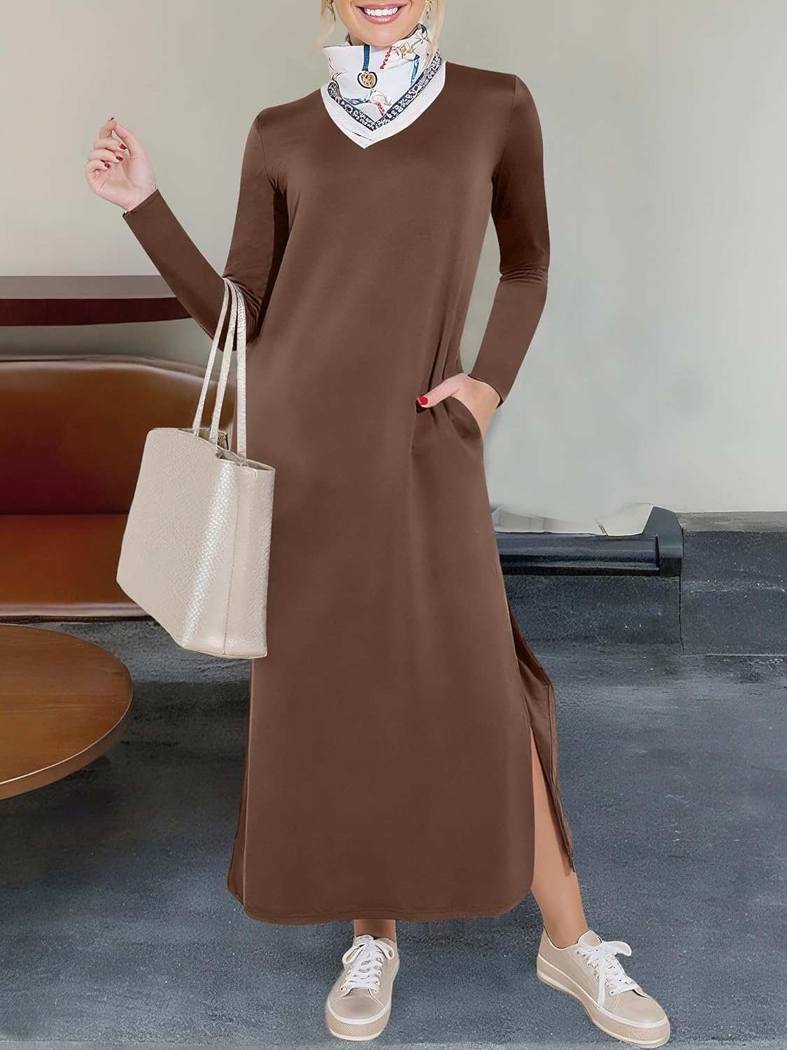 ANRABESS Women Long Sleeve Dresses 2025 Fall Casual Crewneck Loose Fit Split Flowy Wrinkle-Free Travel Vacation Maxi Dress - Image 3