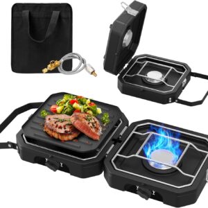 Camping Stove Portable Propane Camp Stove with Independently Adjustable Heat & Carry Bag, Foldable Gas Stove with 2 Burners for Outdoor Cooking,Tailgating & Backyard Gathering,BBQ (Black)