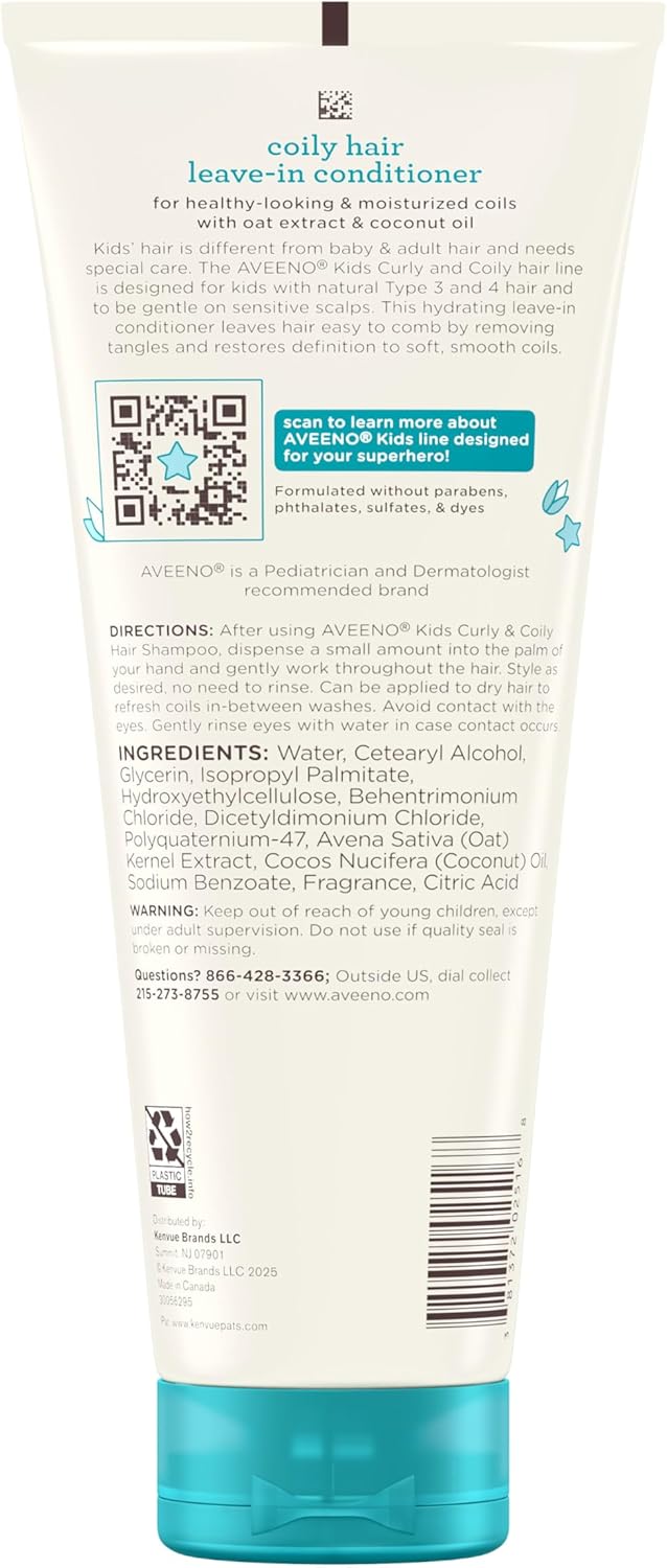 Aveeno Kids Coily Hair Leave-In Conditioner, Toddler Leave-In Conditioner for Sensitive Scalps Gently Detangles & Moisturizes Leaving Natural Curls & Coils Smooth, Hypoallergenic, 8 fl. oz - Image 8
