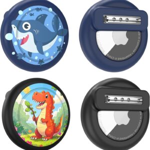 Tracker Holder for AirTag Gen 2 / Gen 1 with Safety Pin, Lightweight Cute Tracker Case for Kids Compatible with Apple Air Tags-2 Pack for Child, Elderly, Clothes, Backpack (Dinosaur/Shark)