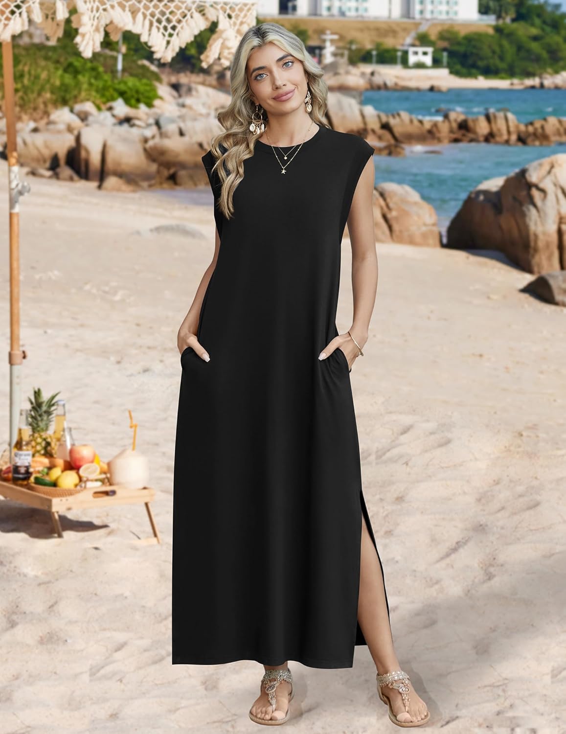 Zeagoo Summer Dresses for Women 2026 Black Long Maxi Sundresses Loose Split Wrinkle-Free Beach Travel Vacation Clothes - Image 3