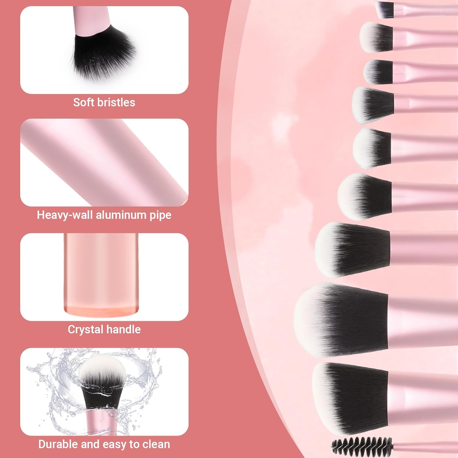 10 Pcs Mini Travel Makeup Brush Set with Pouch, Foundation, Eyeshadow, Blush, Highlighter, Angled Brow & Mascara Brushes - Soft Synthetic Fiber Brushes for On-The-Go & Daily Makeup (Pink) - Image 3