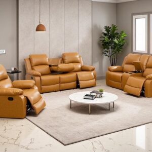 Faux Leather Manual Recliner Sofa Set, Living Room Furniture Sets, Reclining Sofa Loveseat Chair, Recliner Furniture Set with Coffee Table/Cup Holders for Living Room/Office/RV Car, Ginger