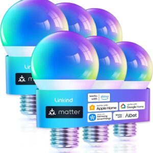 Linkind Matter Smart Light Bulb, WiFi Smart Bulbs, Work with Apple Home, Siri, Alexa, Google, SmartThings, RGBTW Color Changing Bulbs Mood Lighting, Music Sync, A19 E26 60W, 2.4Ghz WiFi 6 Pack