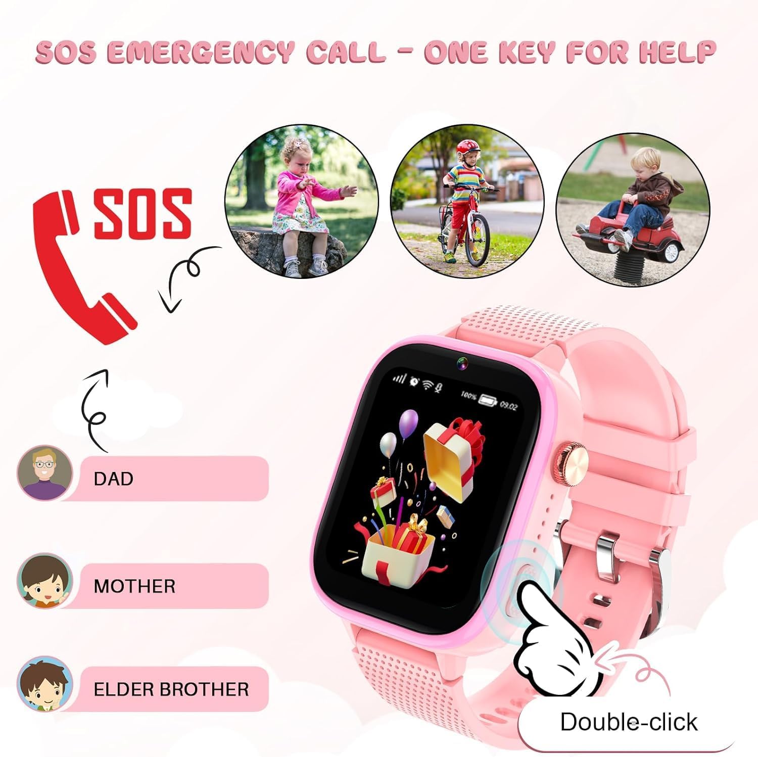 OKYUK 4G Kids Smart Watch, 15 Exciting Games, Two-Way Calling Feature, SOS Emergency Call Button Ideal for Kids Aged 3-12, for Boys & Girls (Pink) - Image 3