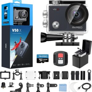 AKASO V50X Native 4K30fps WiFi Action Camera with EIS Touch Screen 4X Zoom 131 feet Waterproof Camera Support External Mic Remote Control with Helmet Accessories (with 256GB MicroSD Card)