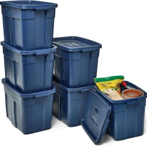 Rubbermaid Roughneck Tote 18 Gal, 6 Pack, Made in USA, Dark Indigo Metallic, Rugged Plastic Stackable Storage Bins with Lids and Handles