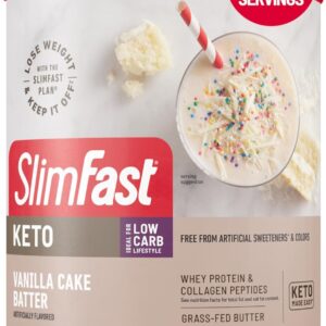 SlimFast Keto Meal Replacement Powder, Keto Meal Replacement Shake, Low Carb, Whey Protein, Collagen Protein, Grass Fed Butter, Weight Loss Shakes Powder, Gluten Free, Vanilla Cake Batter, 10 Servings