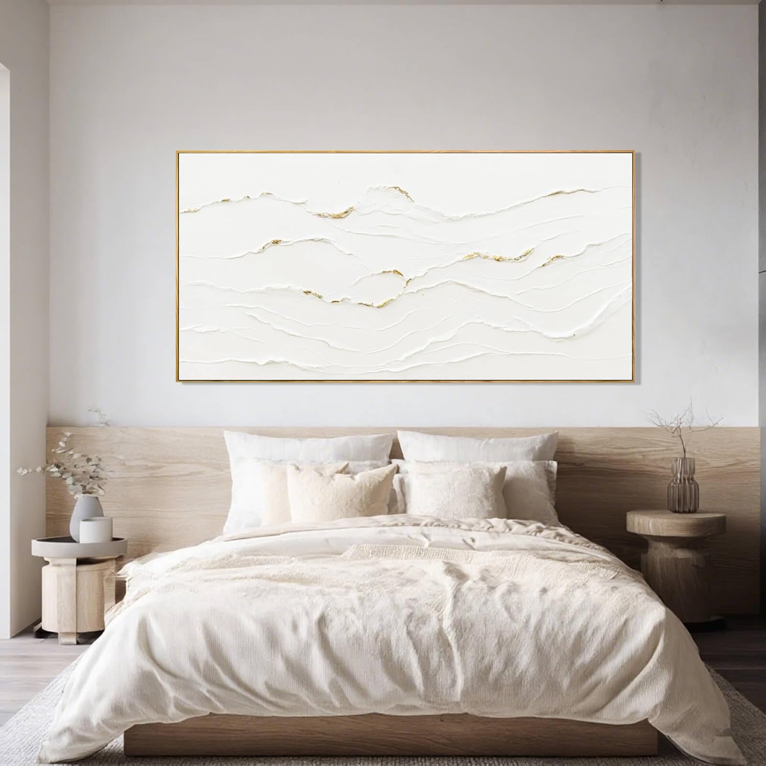 Large Wavy Line White Abstract Wall Art with Frame Minimalist Modern Hand drawn Painting Textured Poster for Living Room Dining Room Bedroom Decor 29"x58" - Image 3