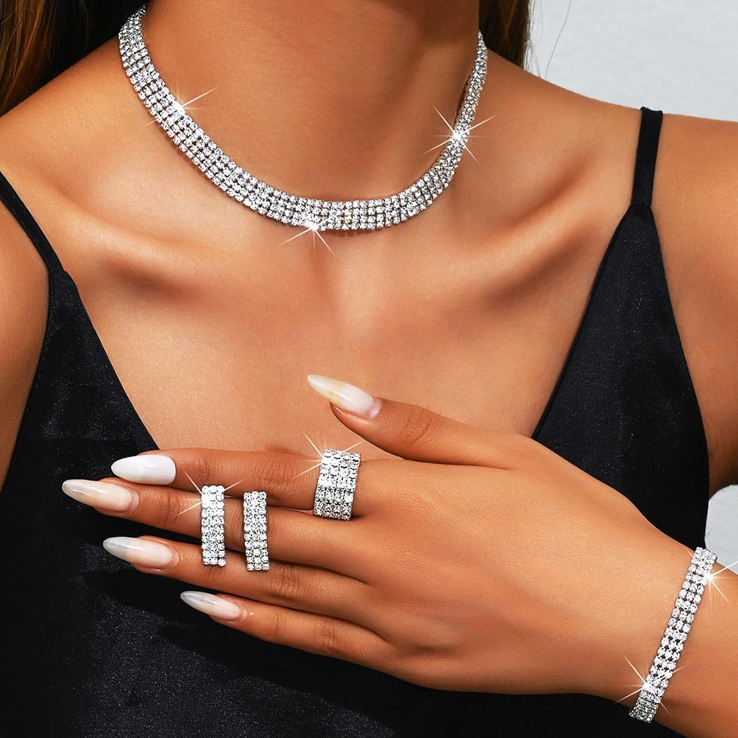 Aukmla Rhinestones Bridal Wedding Jewelry Set Silver Choker Necklaces Earrings Bracelet Ring Sets Prom Jewelry for Women - Image 5