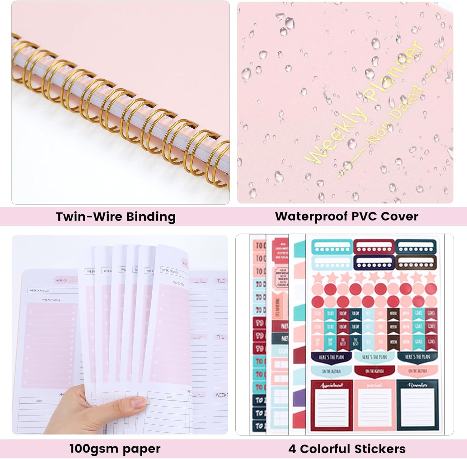 Undated Weekly Planner with Habit Tracker, 52 Weeks To Do List Notebook A5 Weekly Goal Planner with Spiral Binding & Stickers Home Work School Supplies for Women Girls 8.2" x 5.7" - Pink - Image 4