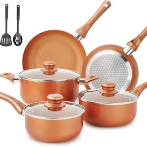 Pots and Pans Set Ultra Nonstick, Pre-Installed 11pcs Cookware Set Copper with Ceramic Coating, Stay cool handle & Nylon Kitchen Utensils, Gas/Induction Compatible, 100% PFOA Free