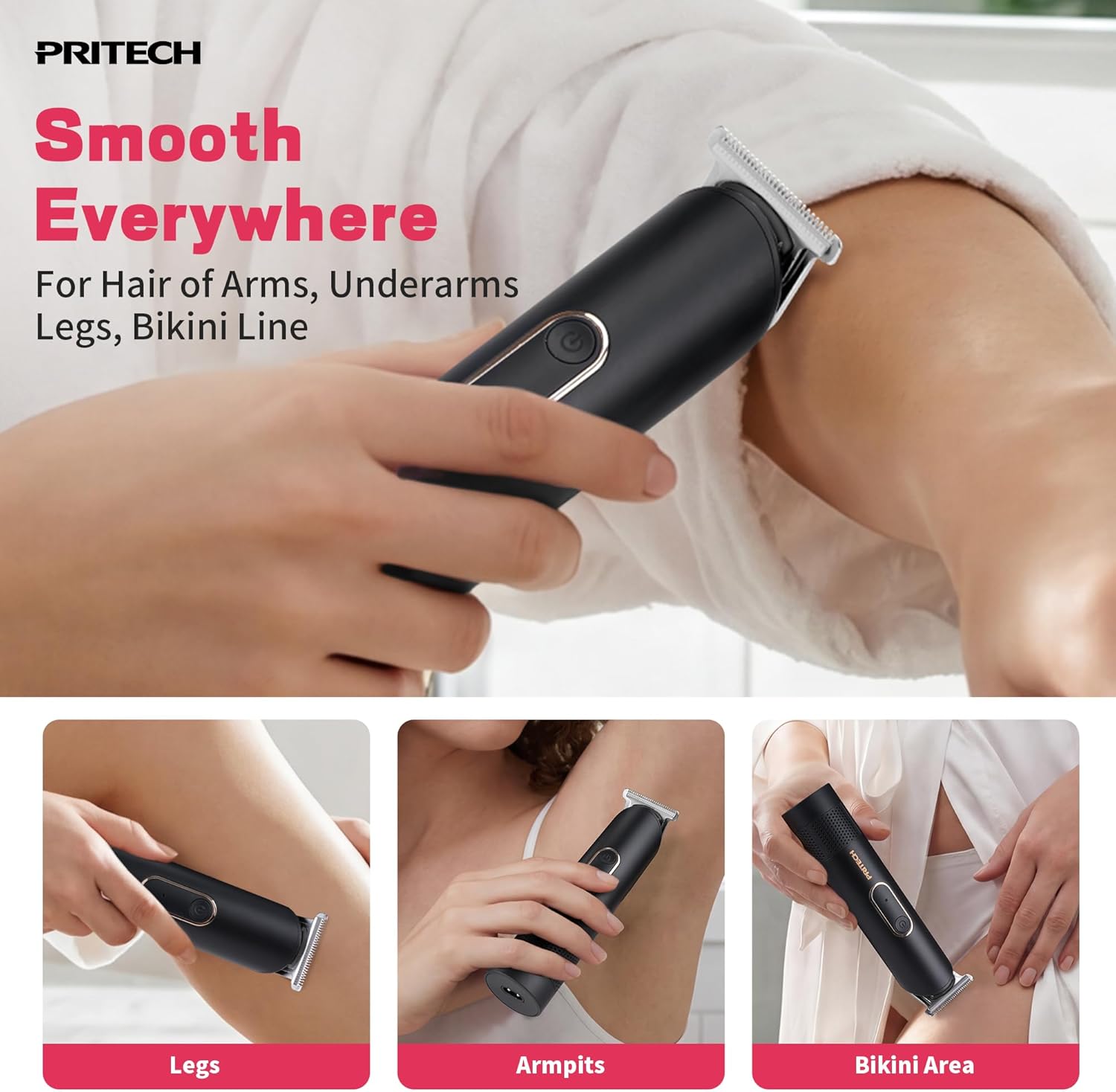 PRITECH Bikini Trimmer for Women - Rechargeable Pubic Hair Trimmer for Sensitive Skin, Wet&Dry Use, Pain-Free Electric Razor&Shaver with Standing Recharge Dock, Ideal Gift for Women, Black - Image 3