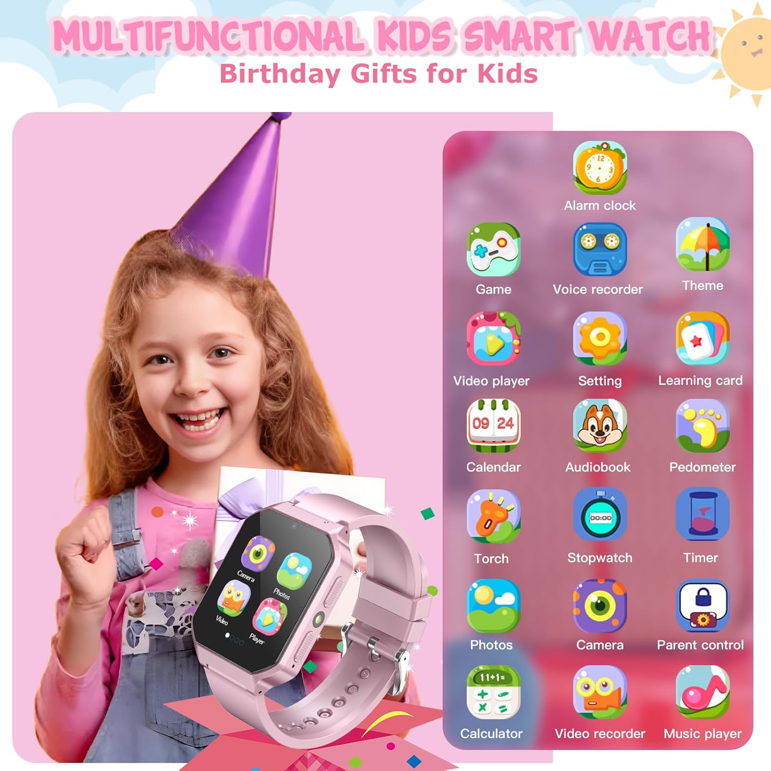 Smart Watch for Kids 3-12 Years Boys Girls, 26 Puzzle Games, Smartwatch with Camera, Pedometer, Stopwatch, Video Voice Music Player Calendar Alarm Clock Learn Card for Children Gifts (Pink) - Image 2