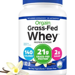 Orgain Whey Protein Powder, Vanilla Bean, 21g Grass Fed Dairy Protein, 5g BCAAs, 3g Prebiotic Fiber, 2g Sugar, No Added Hormones, Gluten Free, Kosher, for Shakes & Smoothies, 1.82 lb