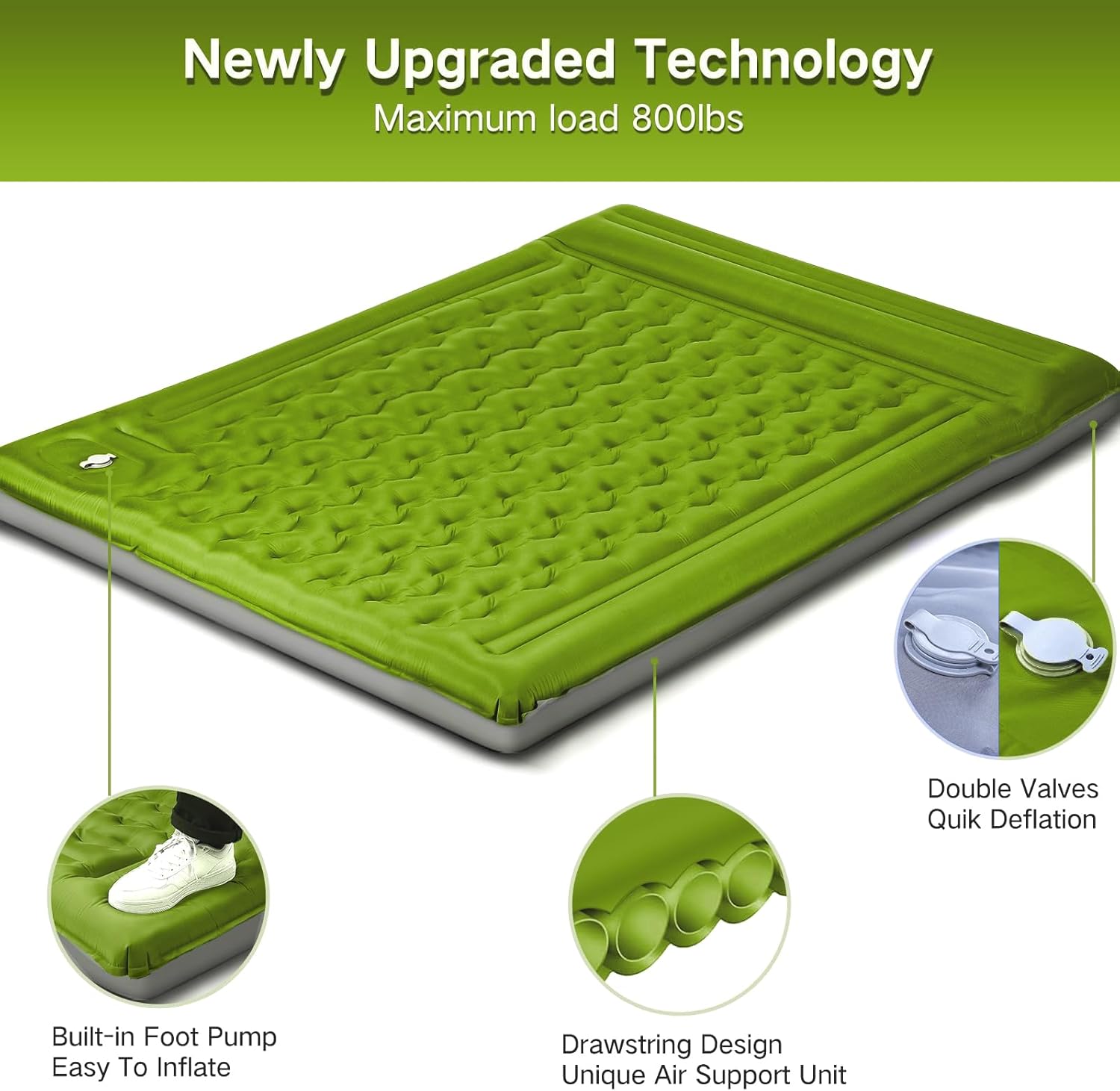 Double Sleeping Pad Camping, Self Inflating 6'' Extra-Thick 2 Person Pillow Built-in Foot Pump Waterproof Inflatable Sleeping Mat Backpacking, Tent, Hiking, Portable Camping Pad (Yellow Grey) - Image 2