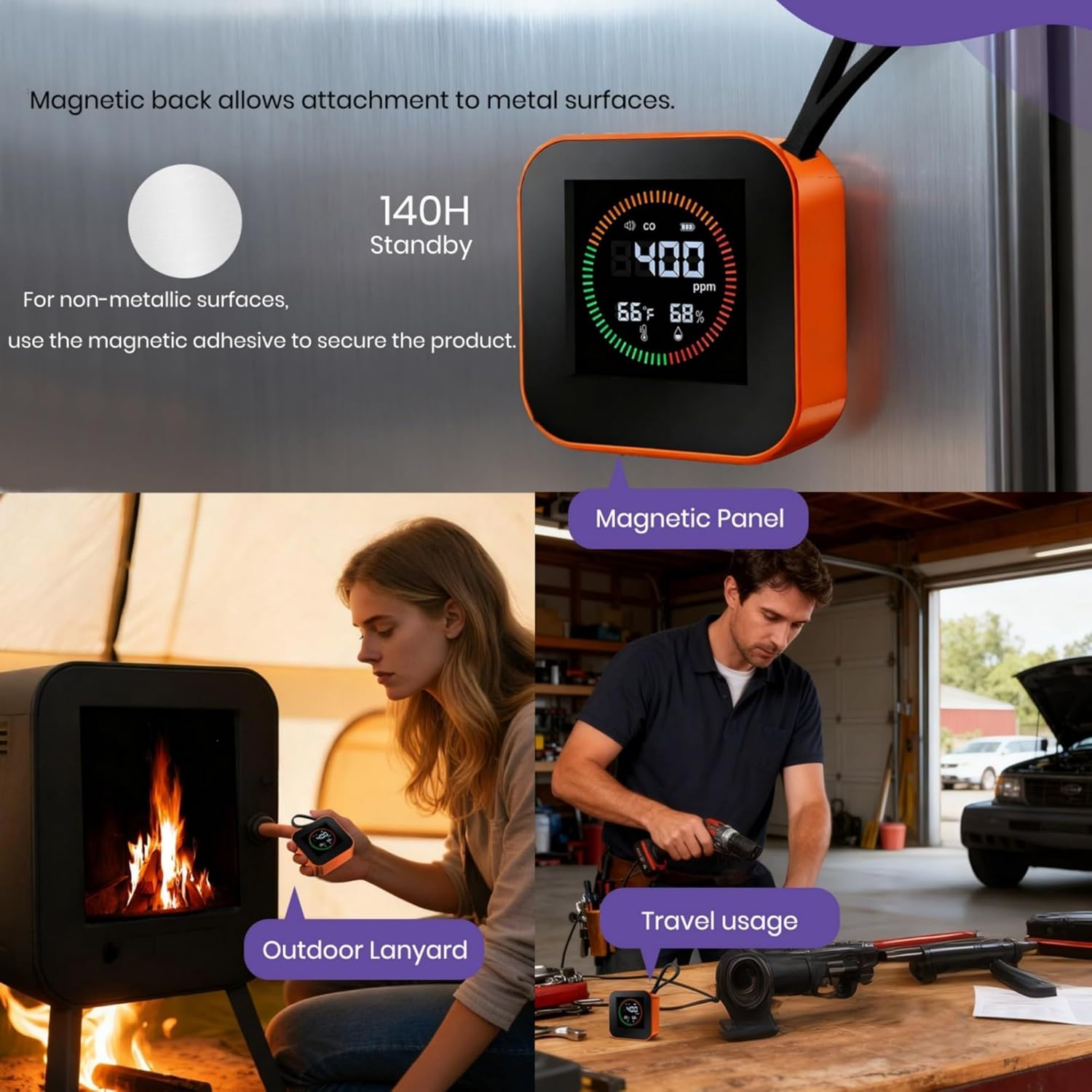 Portable Carbon Monoxide Detector for Travel – Nexus Sensus 3-in-1 CO Detector with Temp & Humidity Monitor, UL-Compliant USB-C Rechargeable Alarm for RV, Hotel, Camping, Home(1, Orange) - Image 5