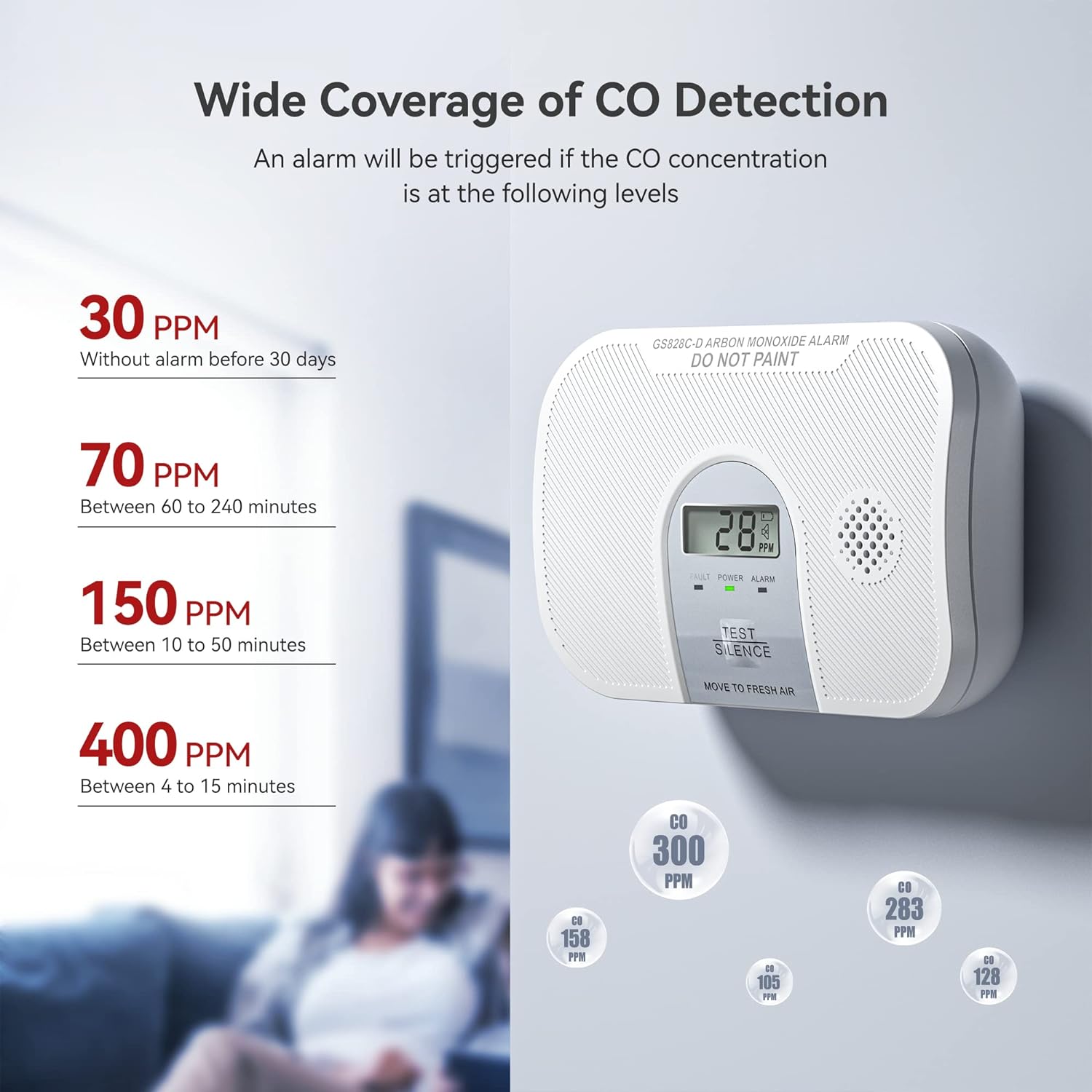 Carbon Monoxide Detector, 10-Year Life Carbon Monoxide Alarm, Replaceable Battery CO Detector with LCD Digital Display and Test Button, 3 LED Lights CO Alarm for Home, GS828C-D, 2 Pack - Image 3