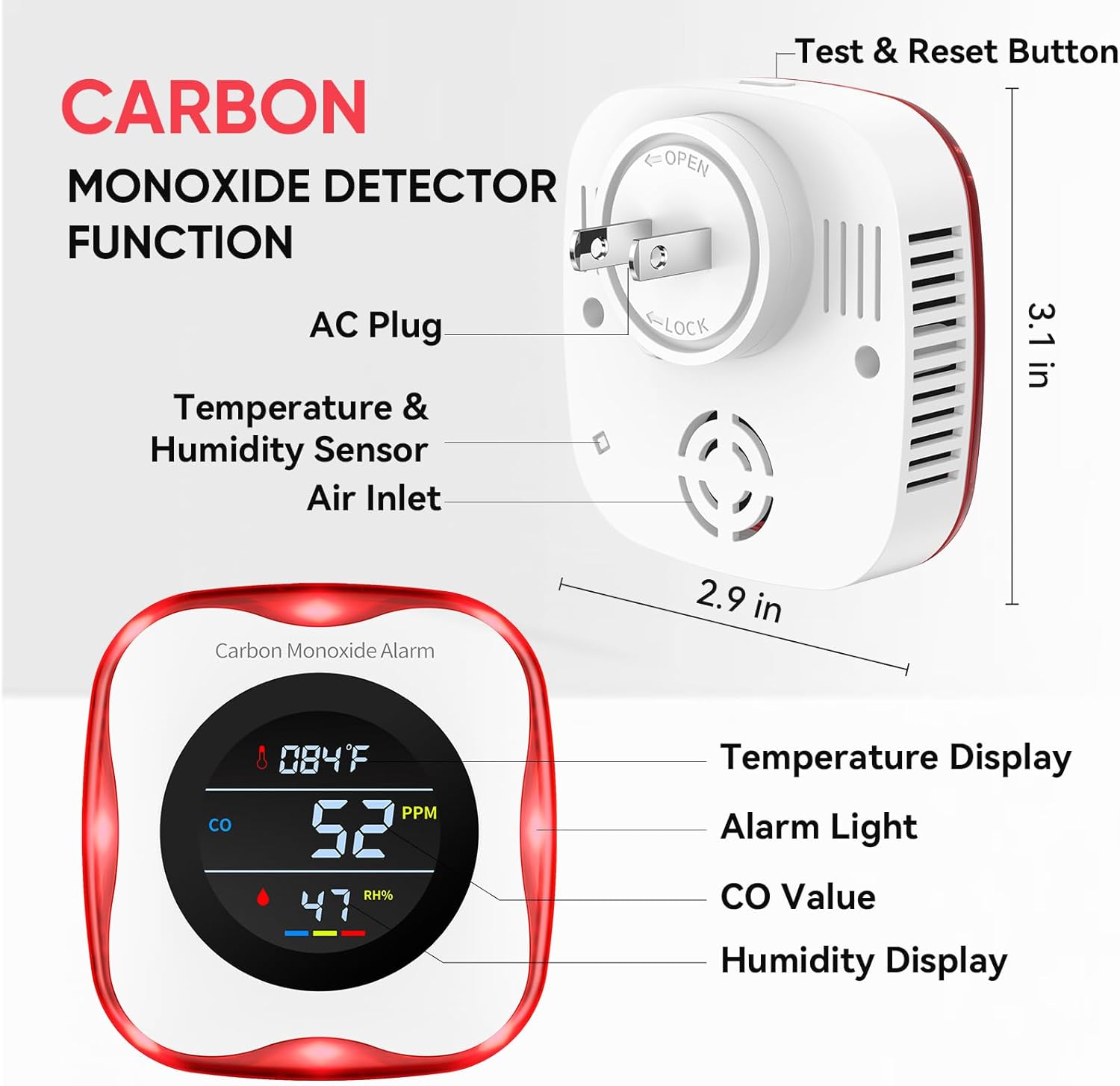 Carbon Monoxide Detectors Plug in, 3-in-1 Portable CO Detector with Temperature & Humidity Display for Home, Hotel, RV & Travel - Image 6