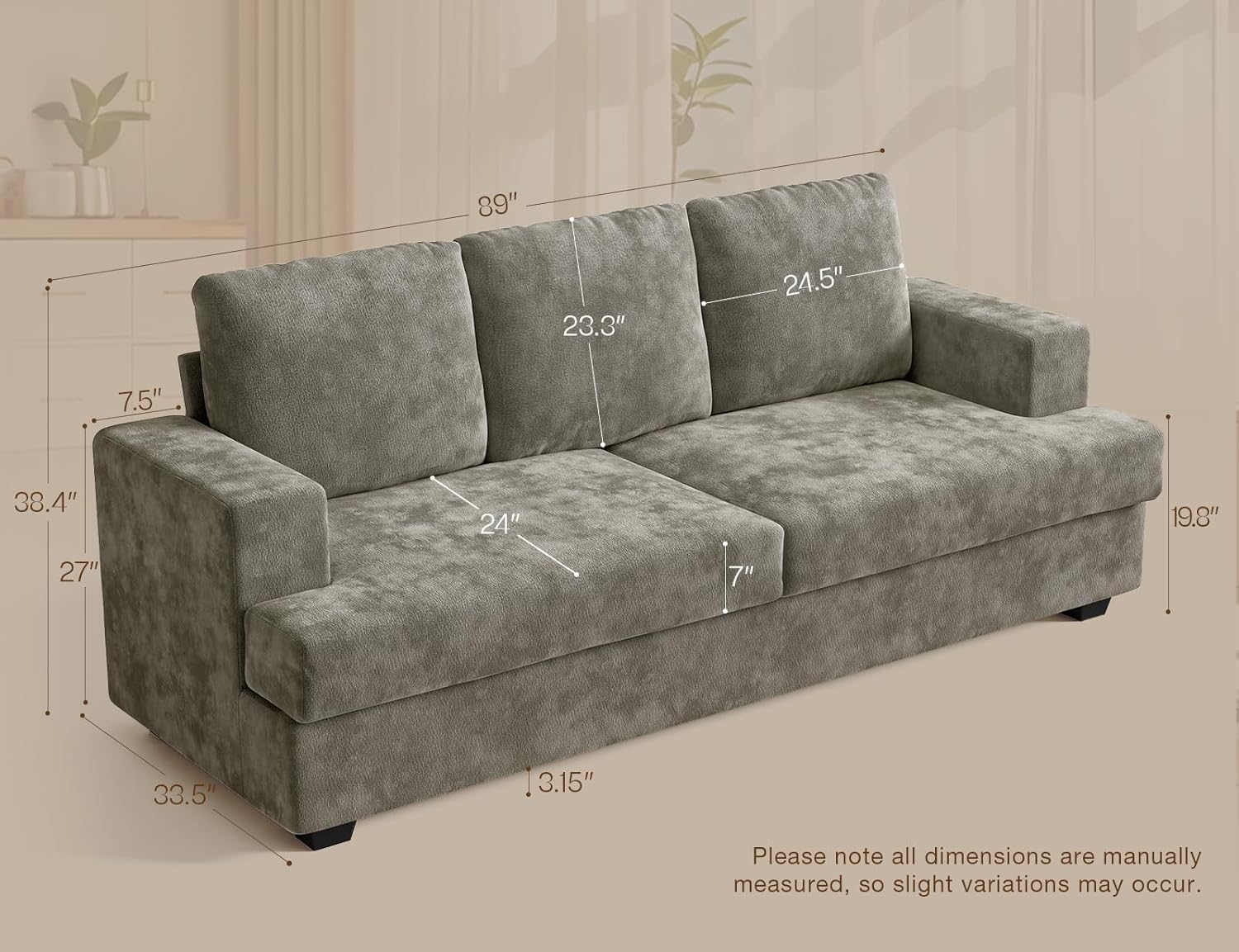 89" 3 Seater Couches for Living Room Sofas Comfy Sectional Couch with 24" Deep Seat Loveseat Sofa for Small Apartment, Grey - Image 2
