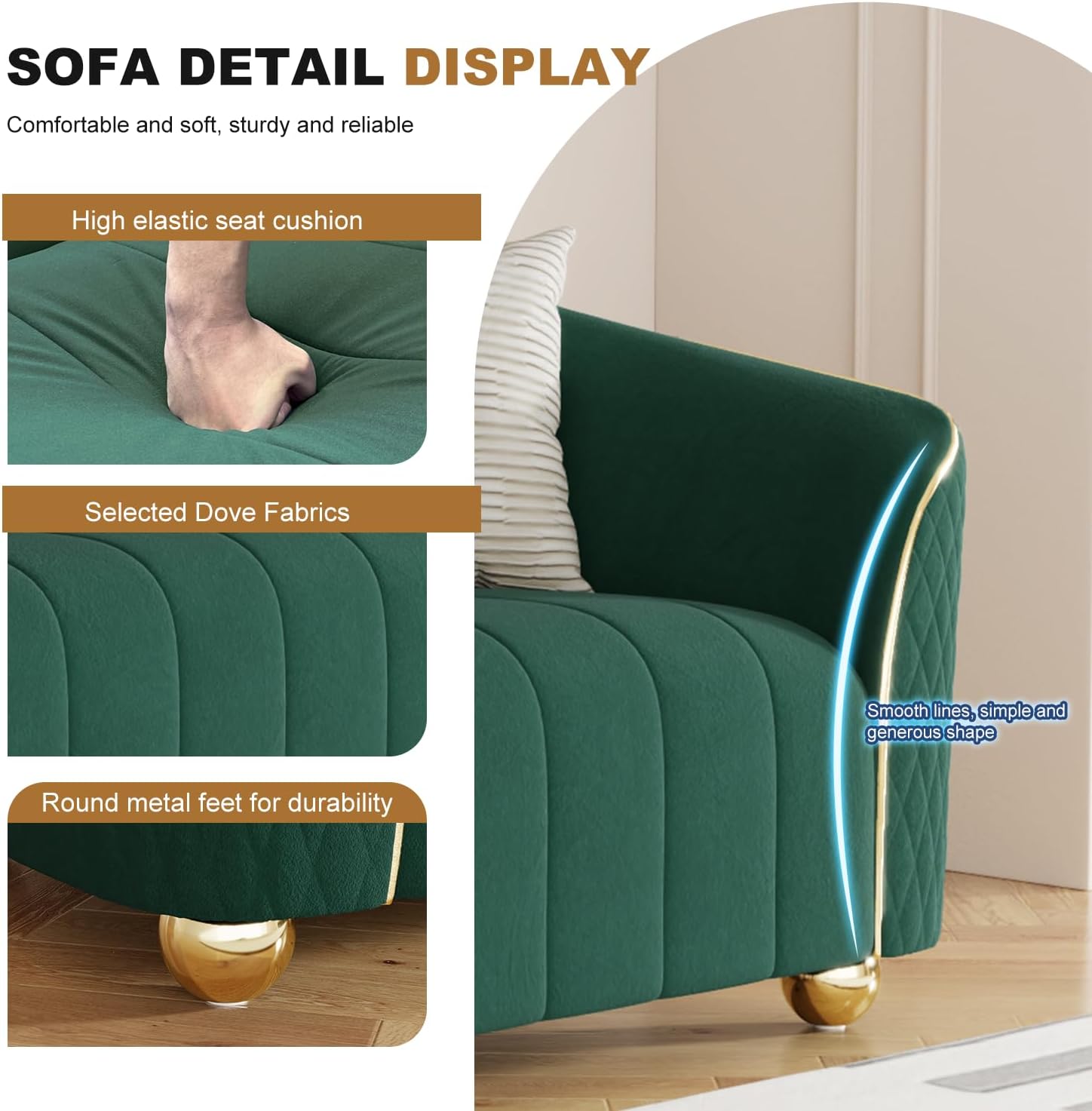 "85" 3-Seater Velvet Sofa - Modern Plush Spring Cushion, Solid Wood Frame, Spacious Deep Seat for Small Spaces, Family Living Room & Office (Green, 3S) - Image 5