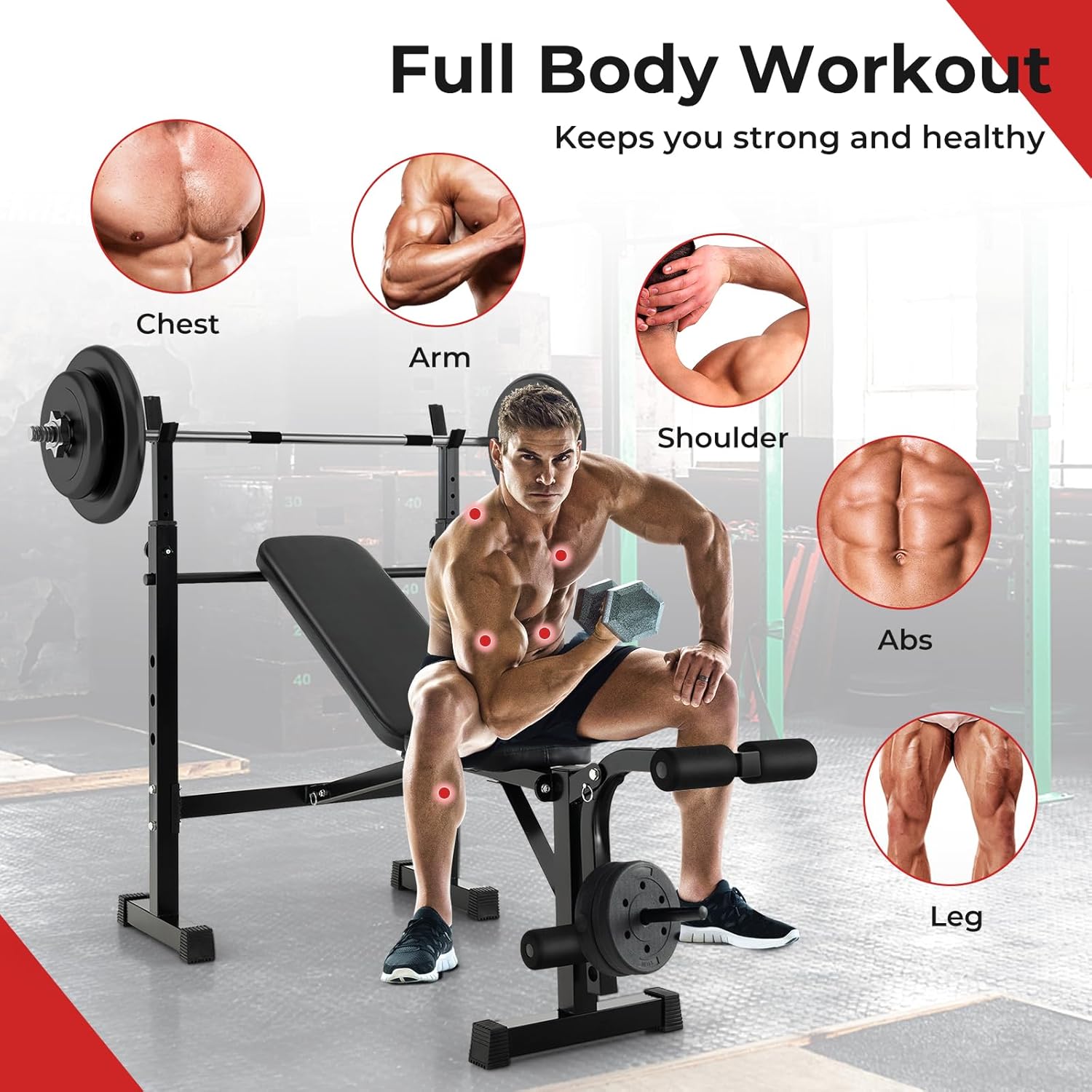 GYMAX Adjustable Weight Bench, Foldable Weight Bench with Squat Racks, Leg Extension & Leg Curl, Strength Training Workout Bench Press, Olympic Weight Lifting Bench Set for Home Gym - Image 8