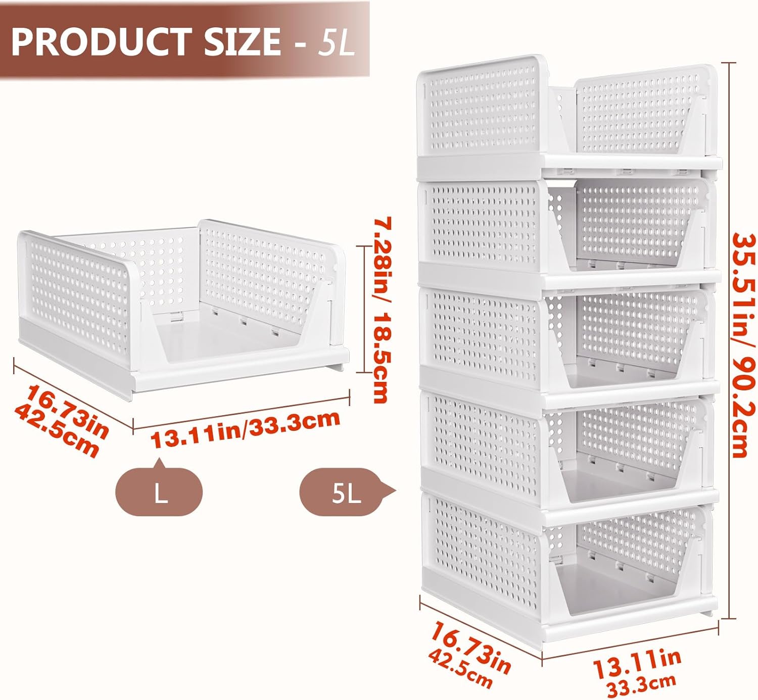 CTSNSLH 5 Pack Closet Organizers Storage Box, Closet Storage Stackable Storage Bins, Plastic Drawer Basket for Wardrobe Cupboard Kitchen Bathroom Office, White - Image 2