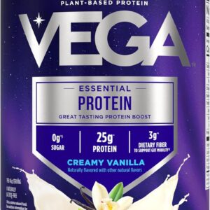 Vega Original Essential Protein – 25g Plant-Based Protein, Creamy Vanilla, 20 Servings, Vegan Non-GMO Drink Mix, Smoothie & Shake Ready, Gluten Free, Dairy Free, 32.5oz (Packaging May Vary)