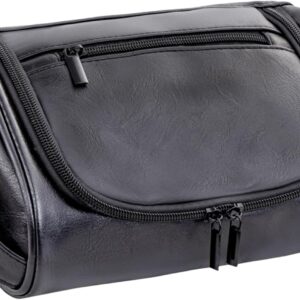 Mens Slim Toiletry Bag, Minimalist PU Leather Dopp Kit for Men, Compact Shaving Kit Organizer, Small Water-Resistant Travel Bag for Grooming Essentials Only,Black